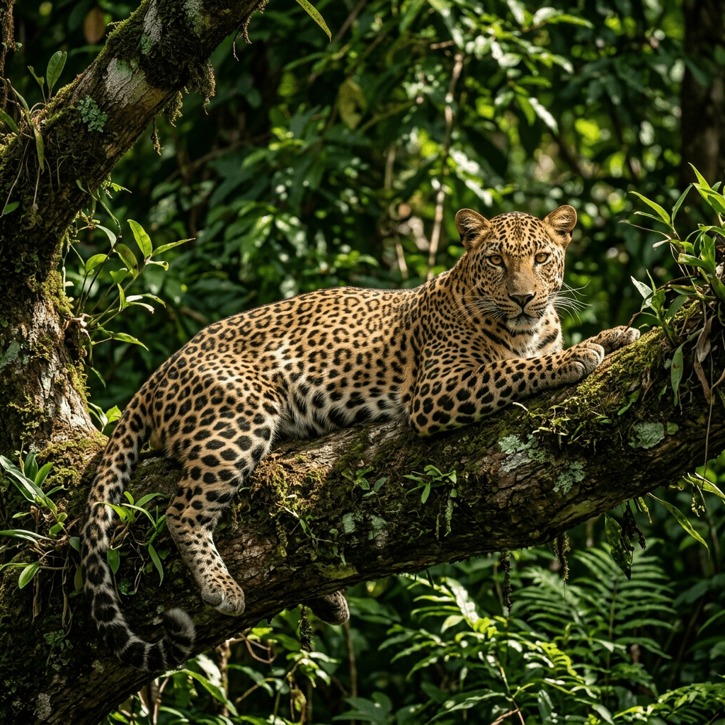 Sri Lankan leopard resting on jungle branch 8K UHD